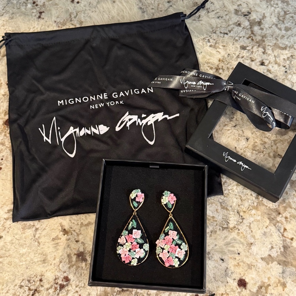Mignonne Gavigan Floral Drop Earrings with Pink and Green Accents - Picture 2 of 3